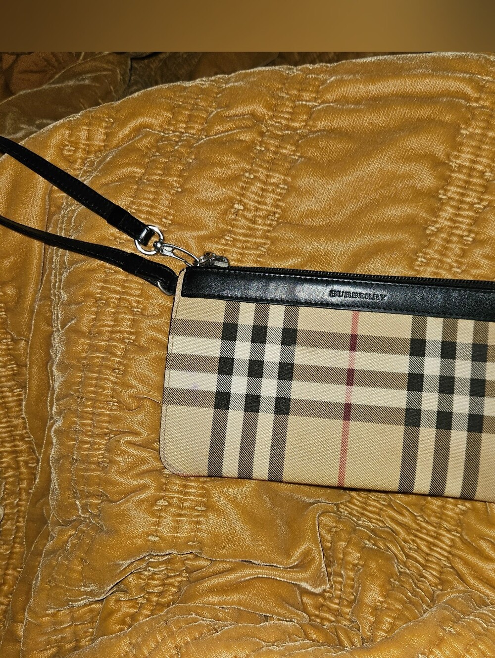 Burberry Beige Vintage Check Wristlet with Black Trim